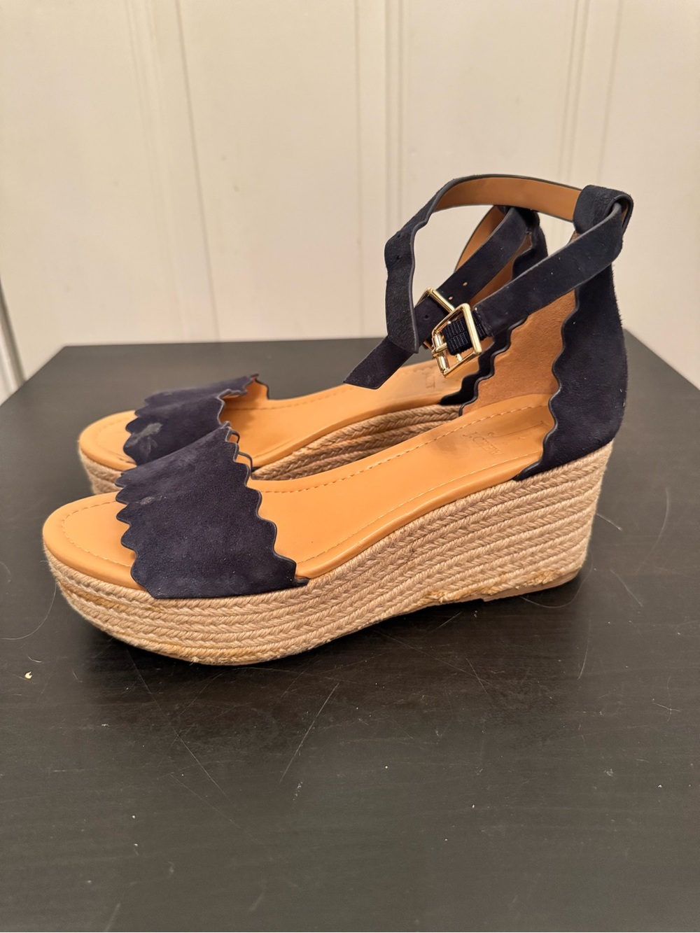 J. by J Crew Platform Suede Scalloped Flatform Espadrilles Wedge Sandal 8 Navy